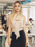 Top tortora beige con fiocco laterale in raso
