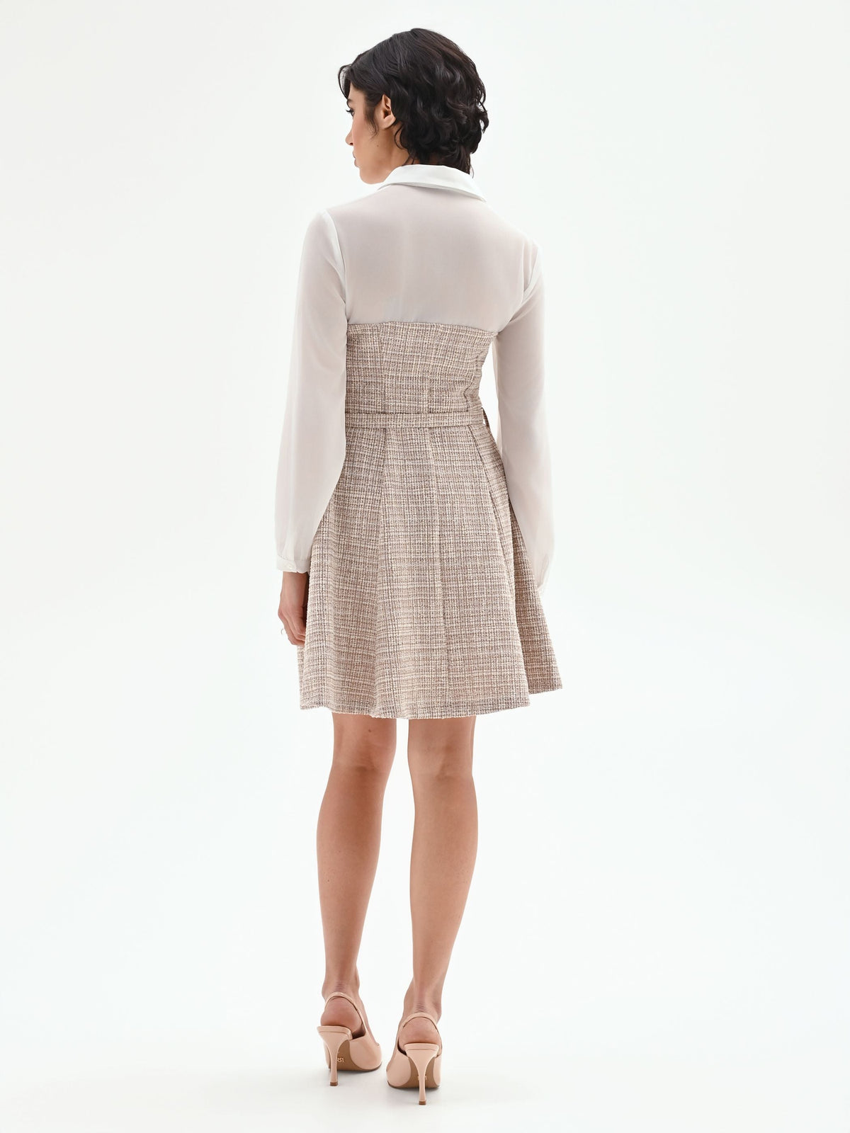 Abito corto combinato in tweed beige chiaro