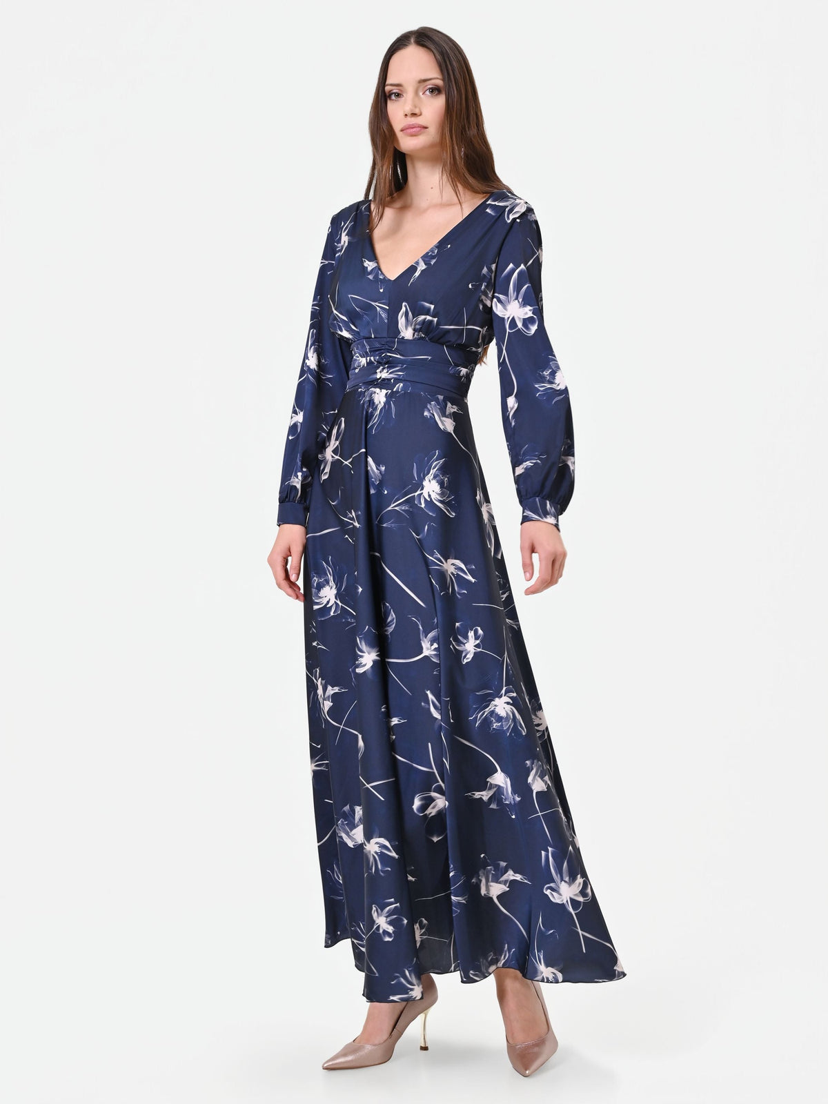 Abito lungo blu navy a fantasia floreale