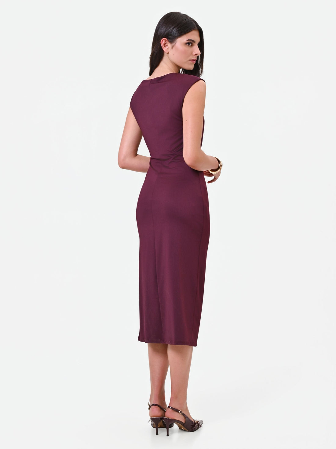 Abito midi drappeggiato bordeaux con fibbia