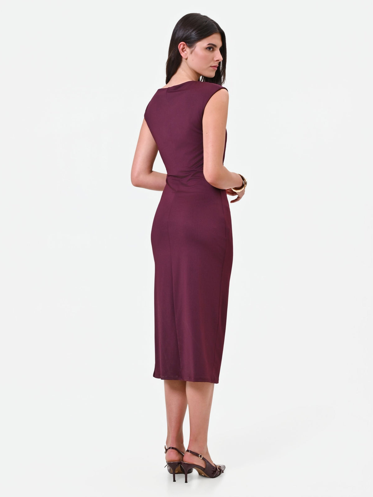 Abito midi drappeggiato bordeaux con fibbia