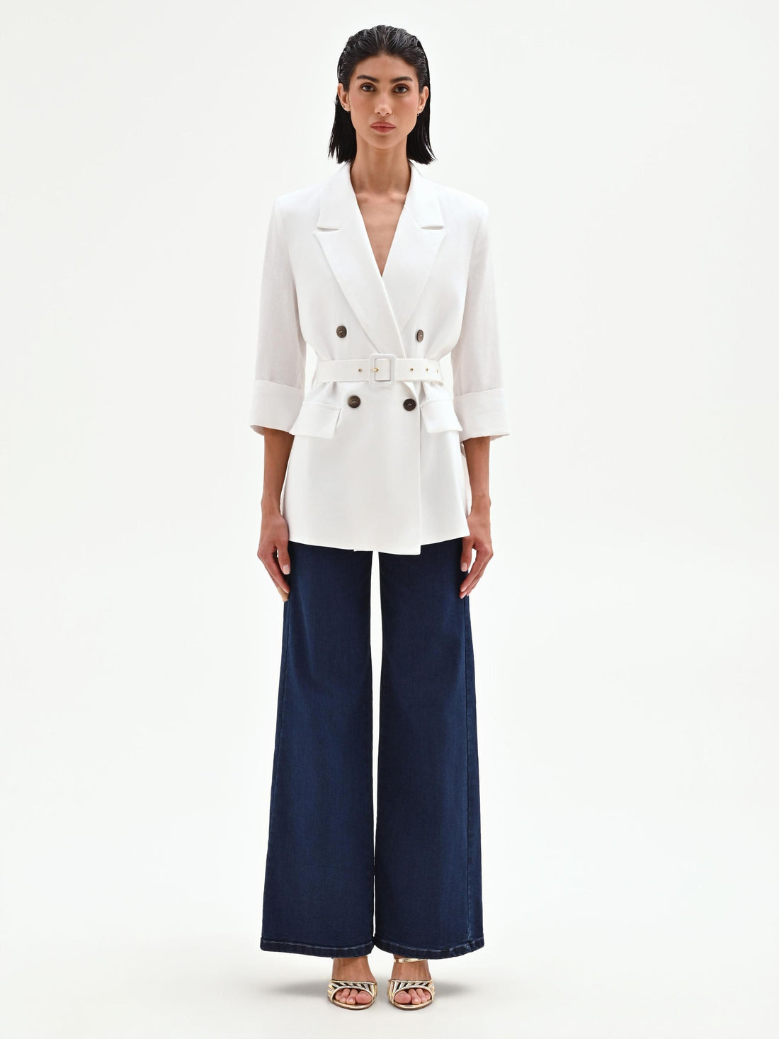 Blazer doppiopetto panna in lino con cintura