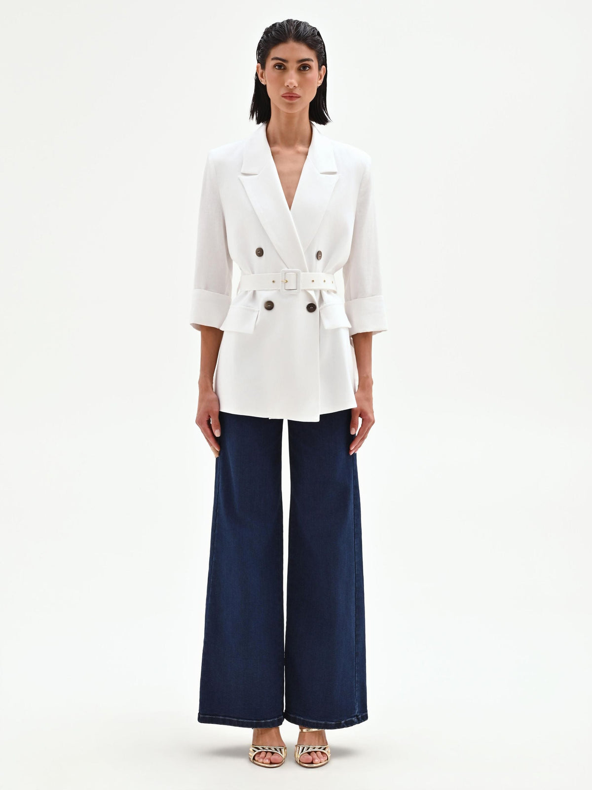 Blazer doppiopetto panna in lino con cintura