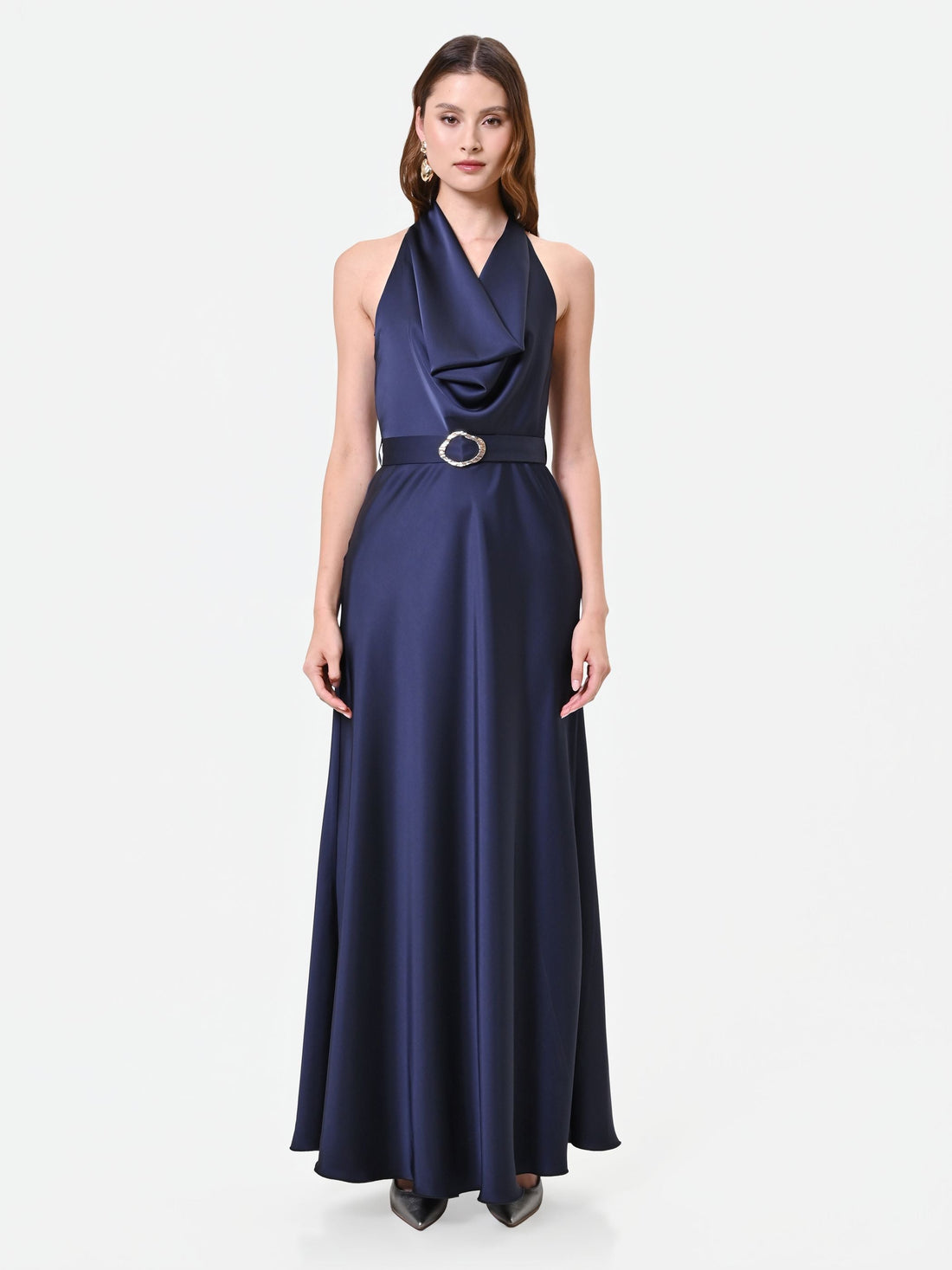 Abito lungo blu navy con scollo all'americana drappeggiato
