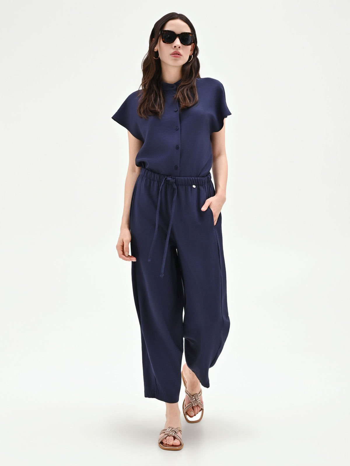 Pantalone blu navy fluido con coulisse