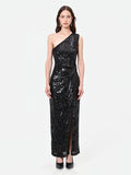 Abito lungo nero monospalla con paillettes