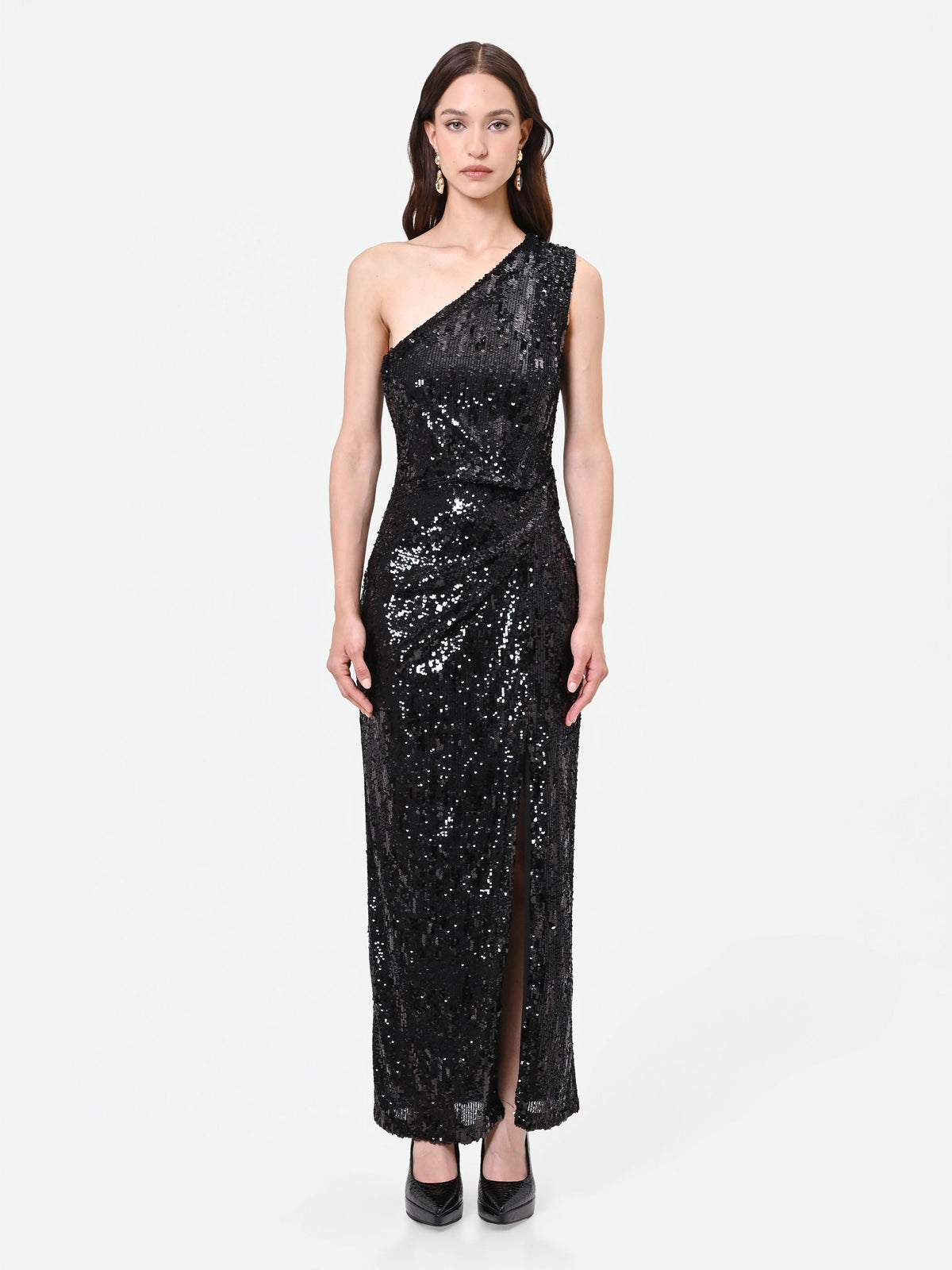Abito lungo nero monospalla con paillettes
