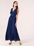 Abito Blu Lungo con Piping Strass