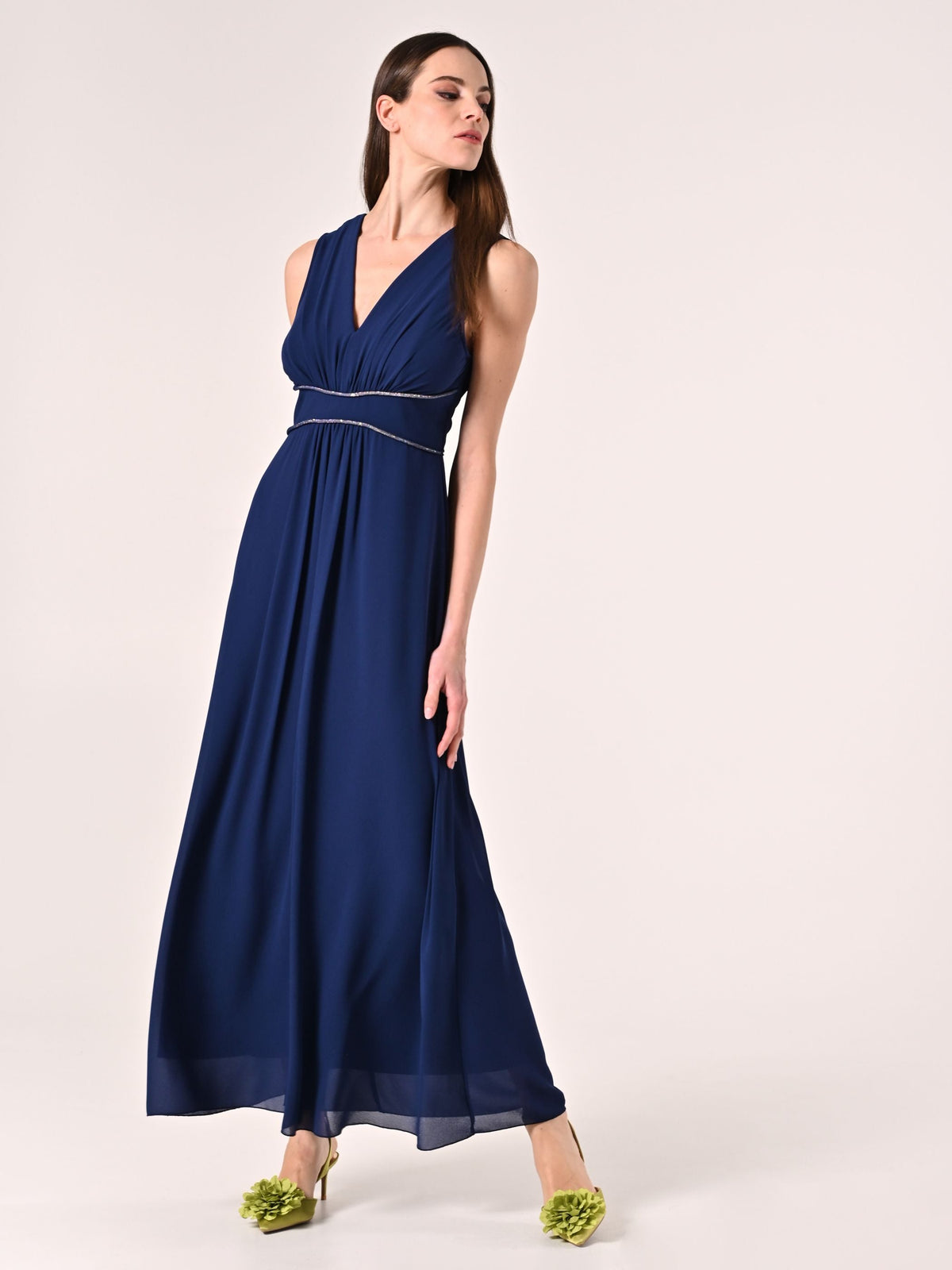 Abito Blu Lungo con Piping Strass