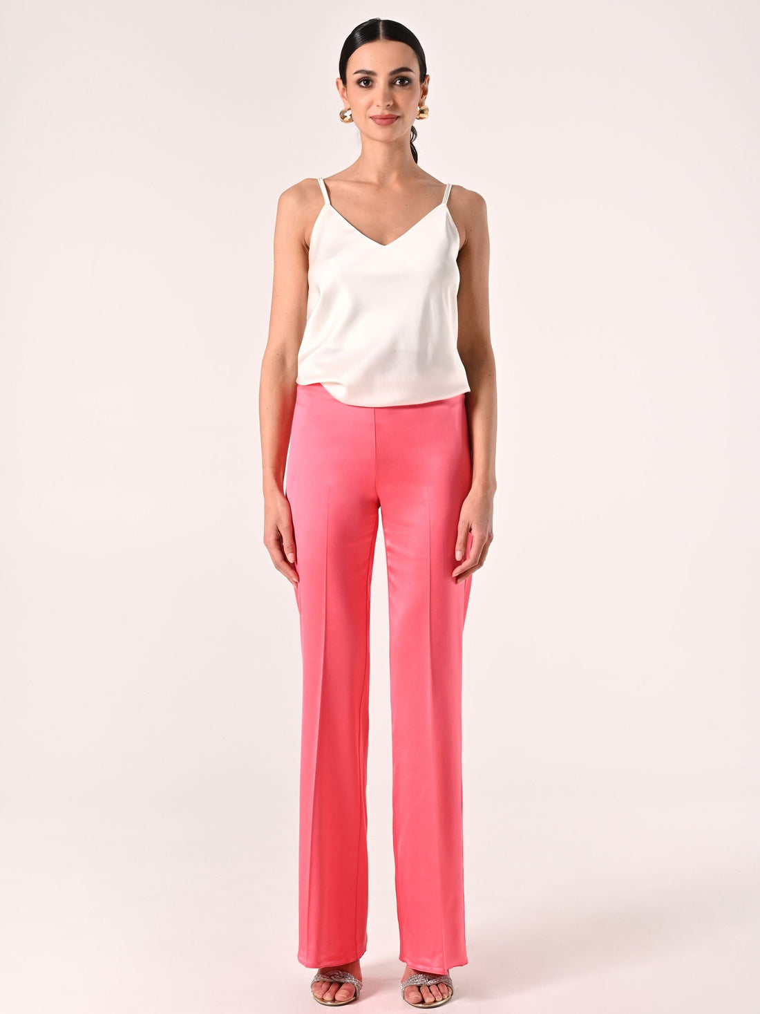 Pantaloni in Raso di Viscosa Rosa Camelia