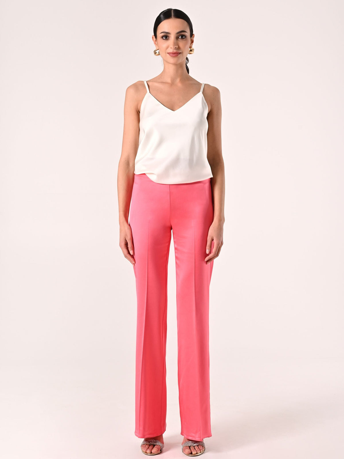 Pantaloni in Raso di Viscosa Rosa Camelia