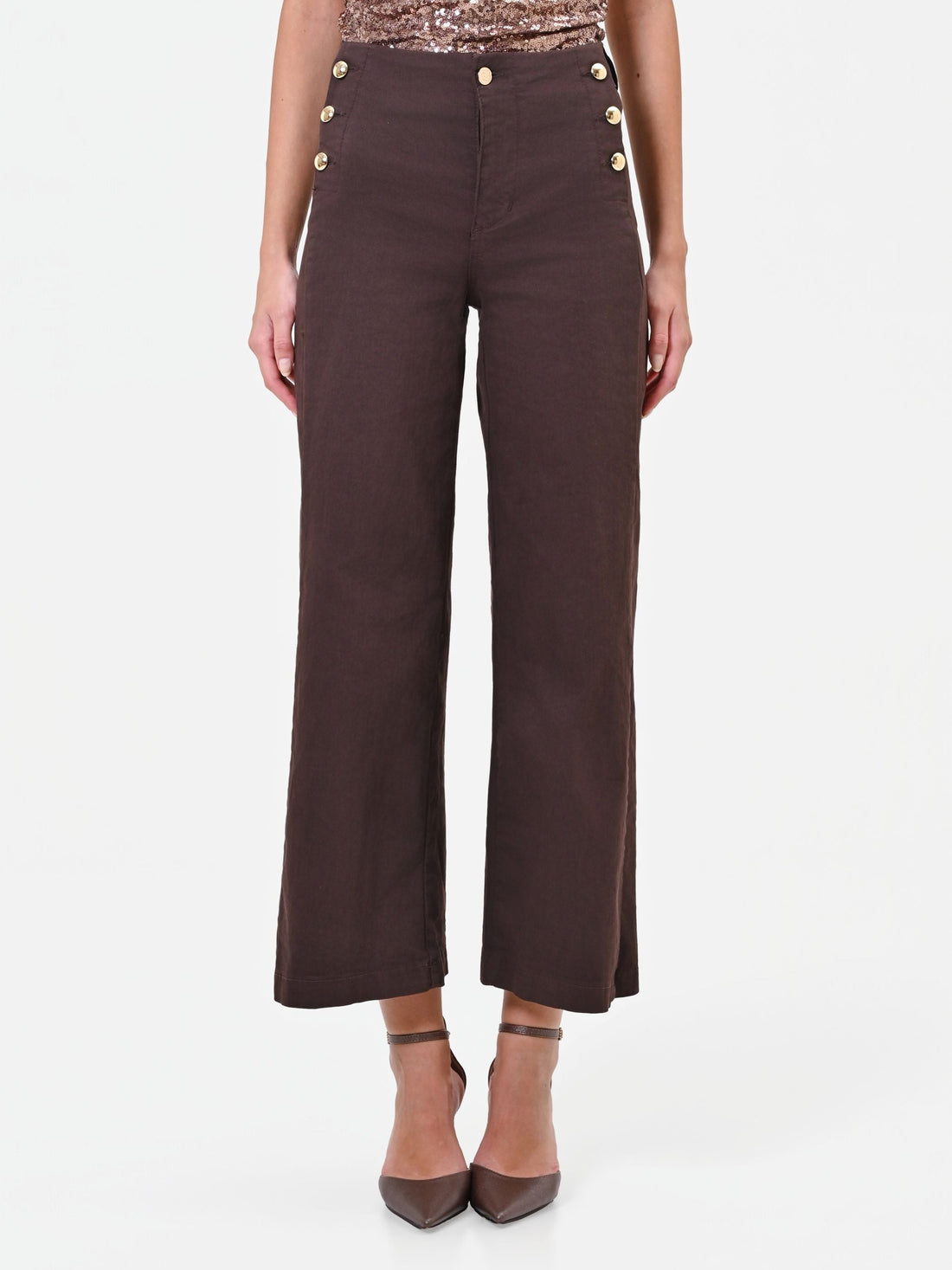 Pantaloni cropped moro con bottoni dorati