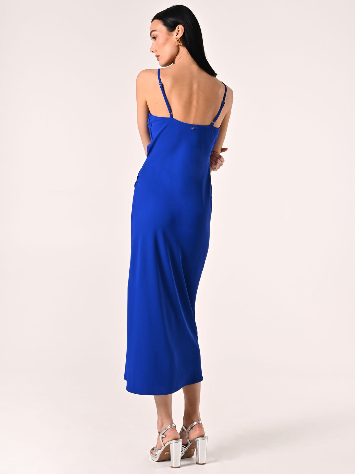 Abito Blu Cina con Scollo Incrociato e Drappeggio