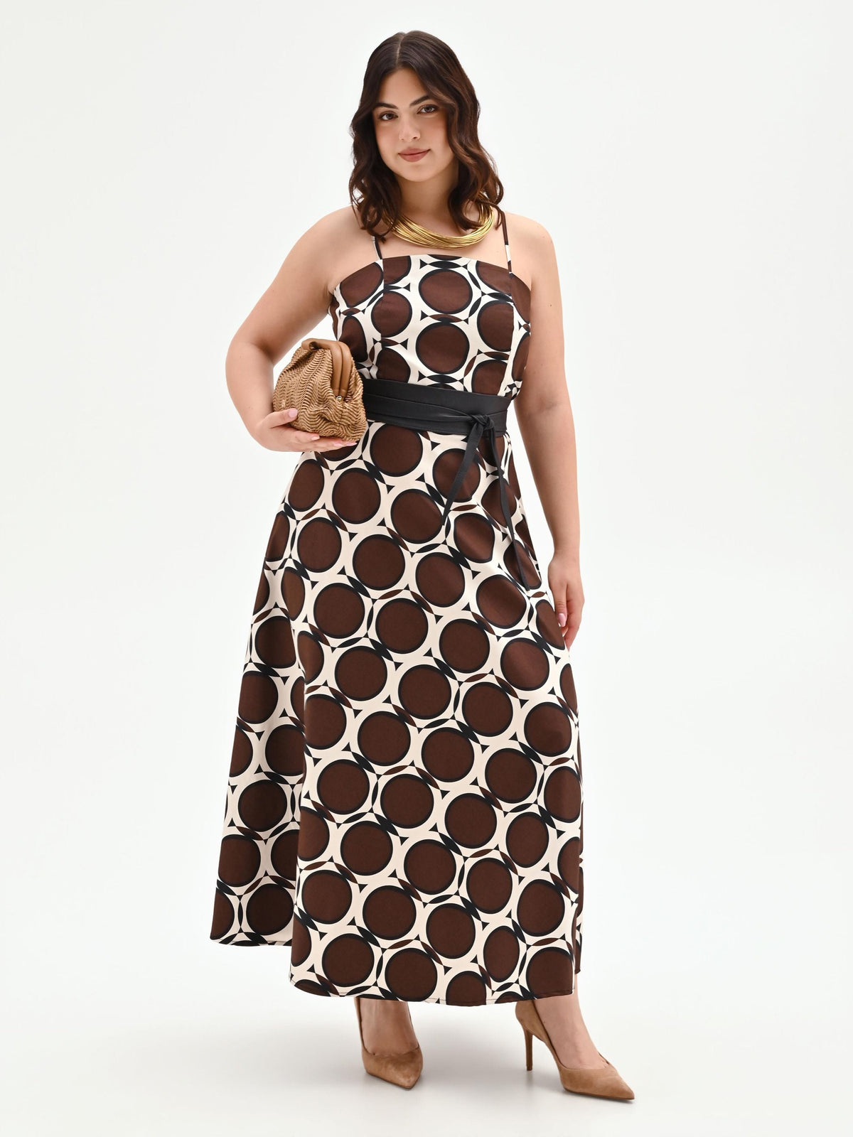 Abito Curvy lungo cioccolato con fantasia geometrica