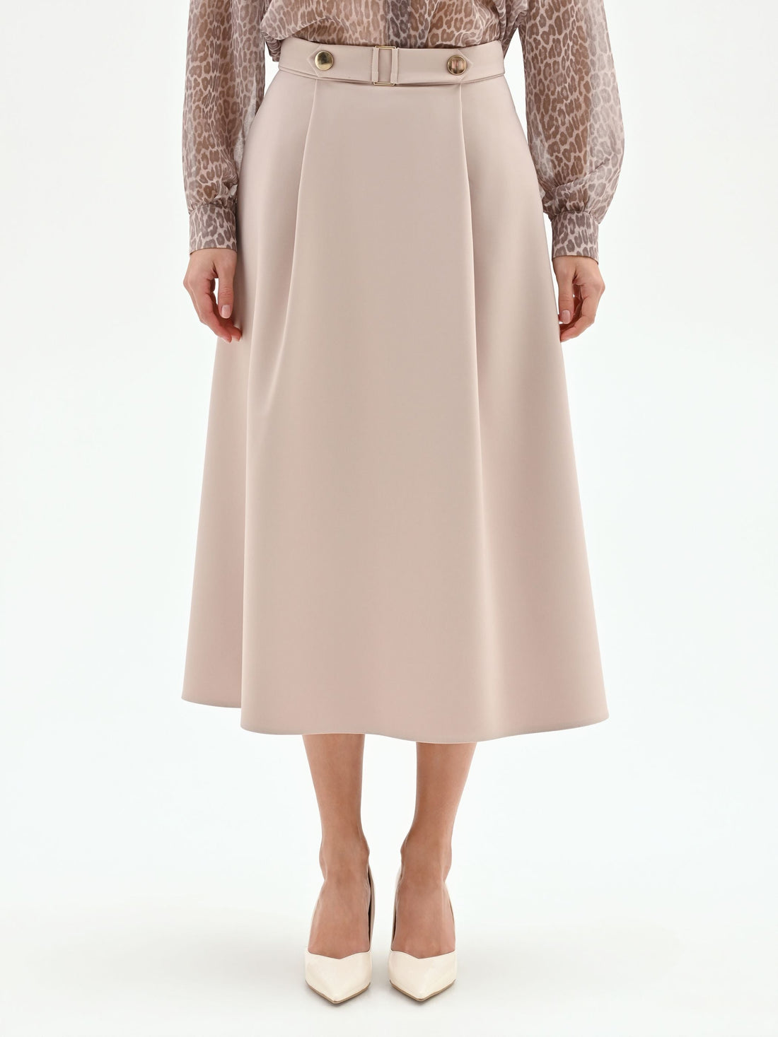 Gonna midi beige con dettagli dorati