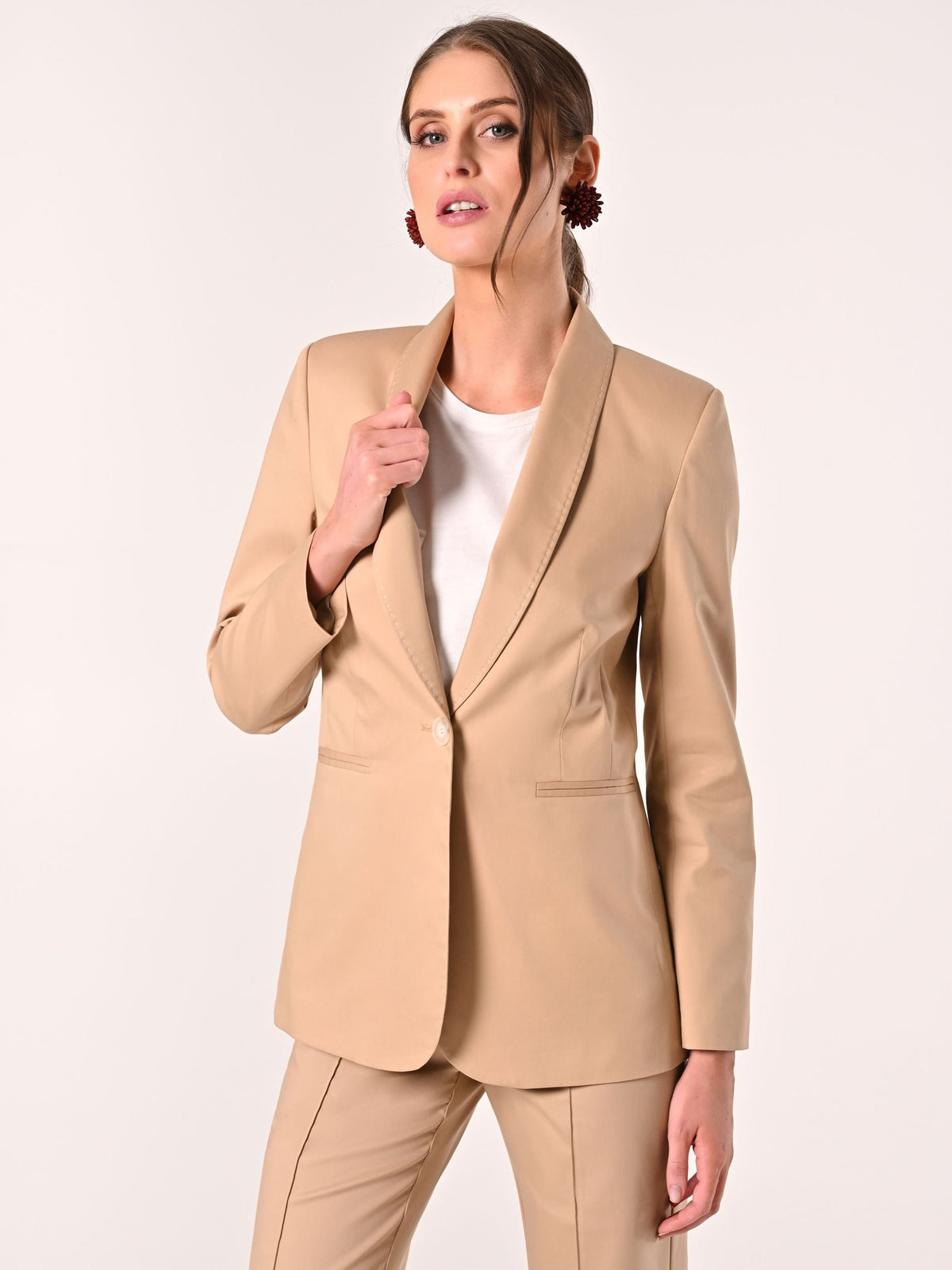 Giacca Beige Scuro in Cotone con Impunture a Contrasto