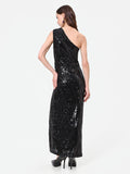 Abito lungo nero monospalla con paillettes