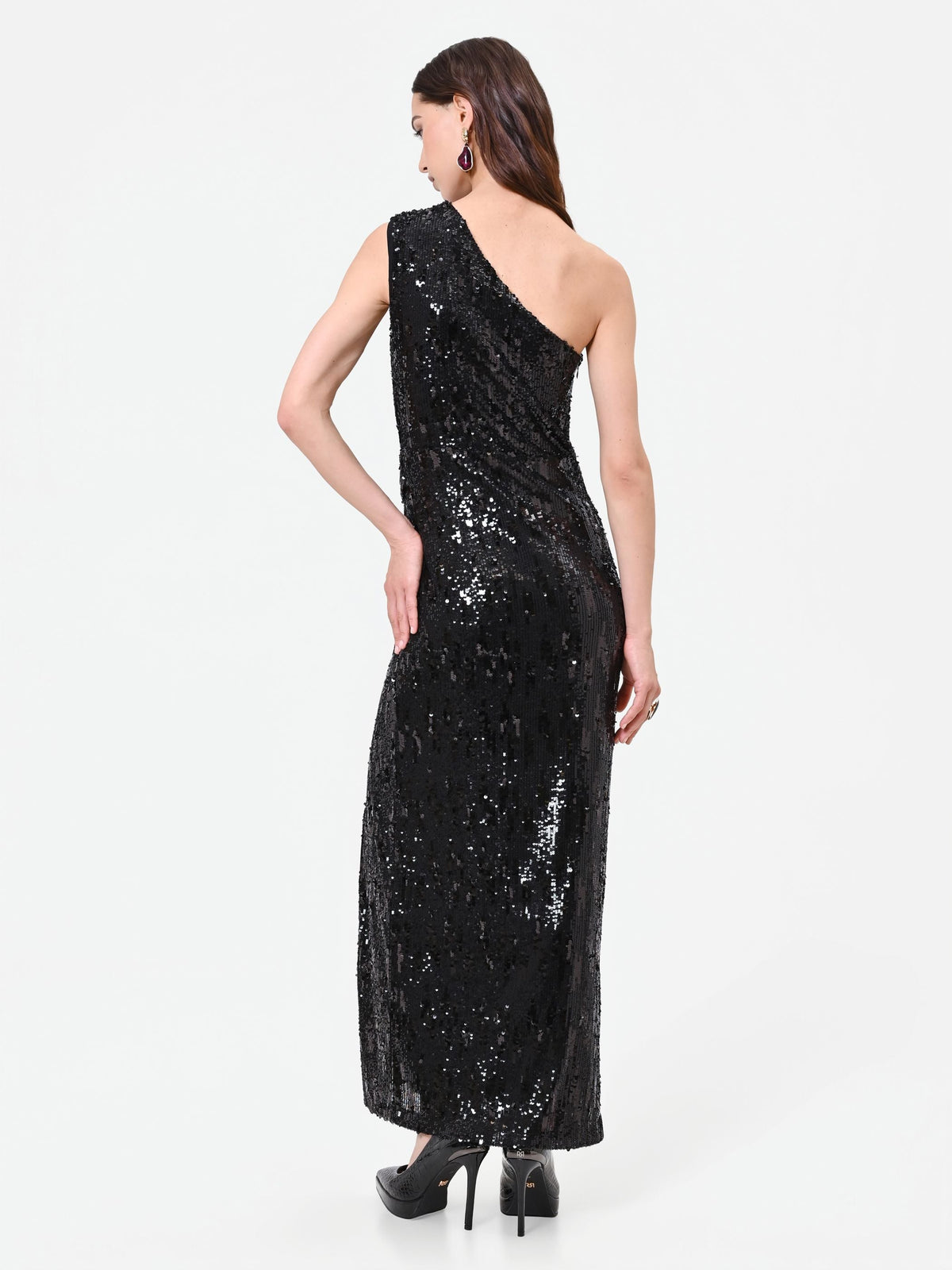 Abito lungo nero monospalla con paillettes