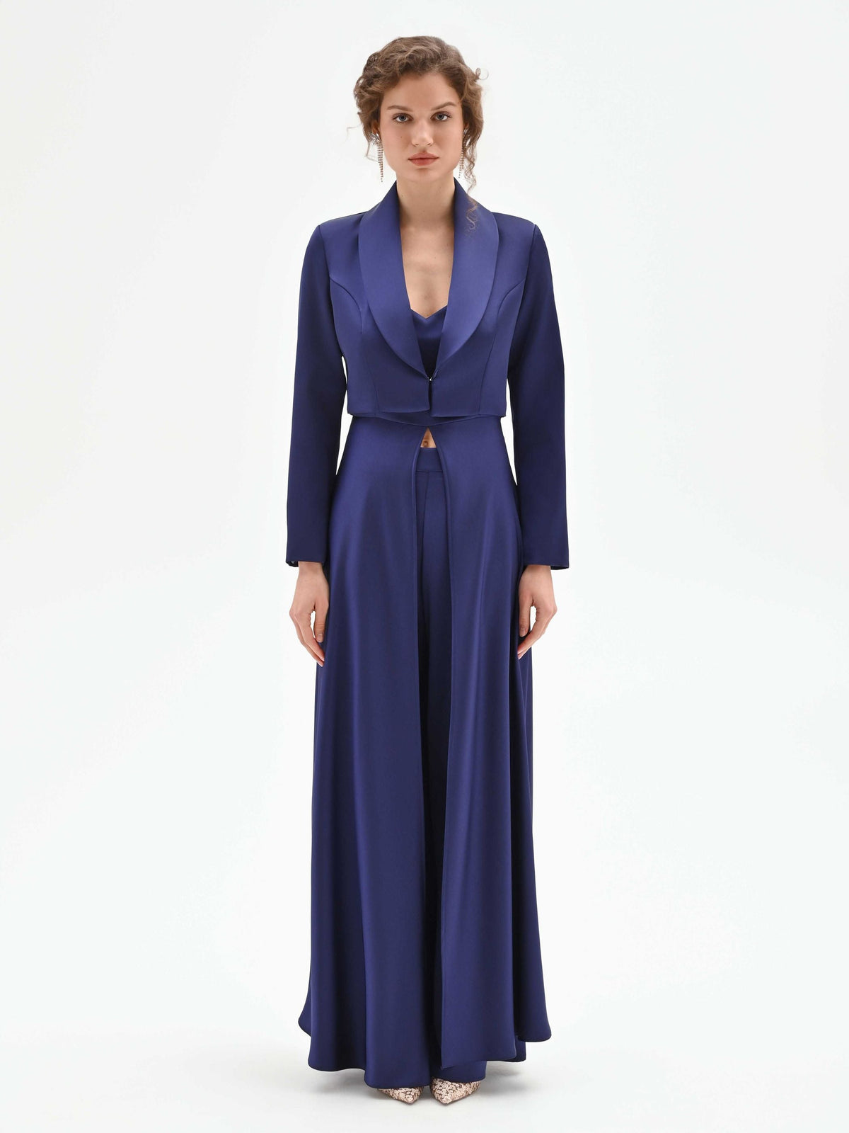 Giacca corta atelier blu indaco in raso