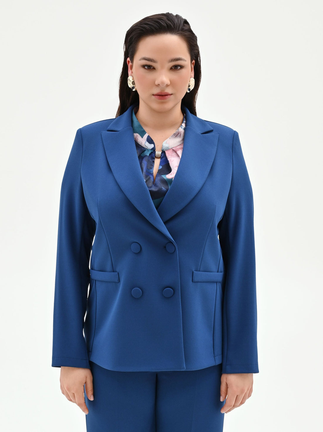 Giacca Curvy doppiopetto blu brillante in scuba mano crepe