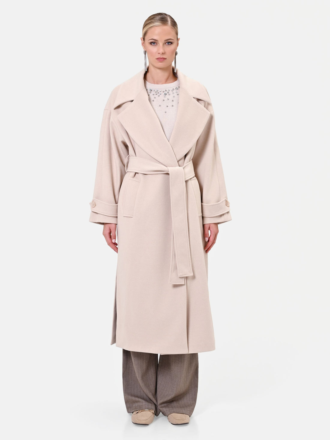 Cappotto lungo tortora beige a vestaglia in velour