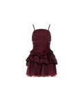 Abito corto rosso bordeaux drappeggiato in raso
