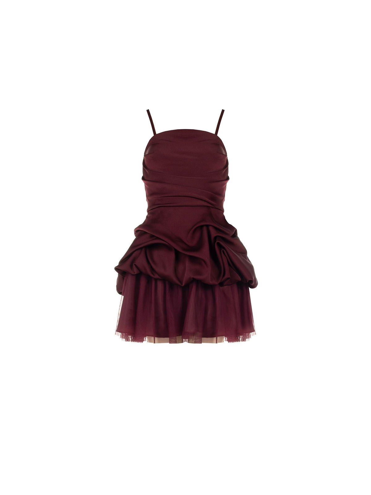 Abito corto rosso bordeaux drappeggiato in raso