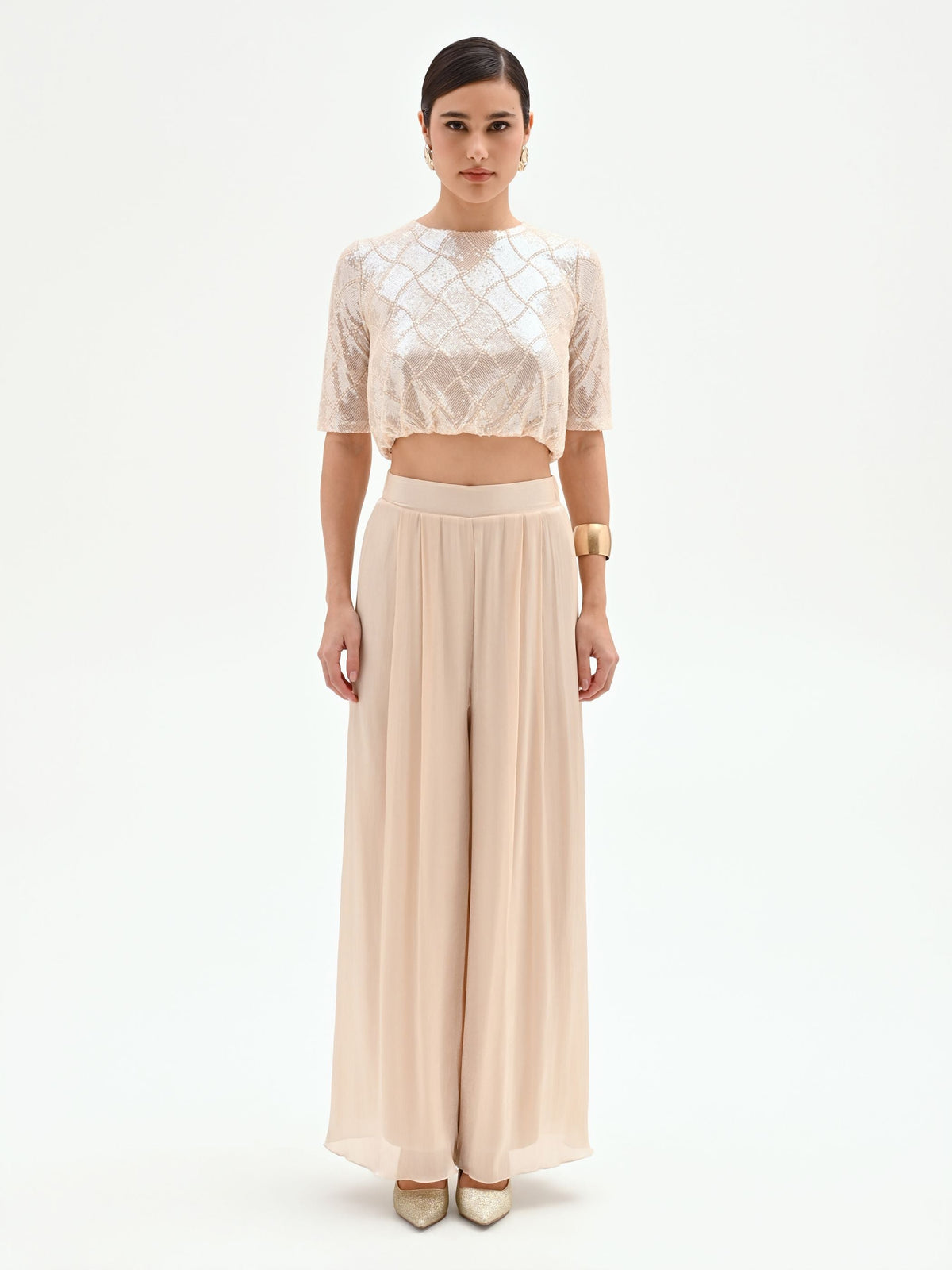 Pantalone a palazzo beige chiaro in raso cangiante