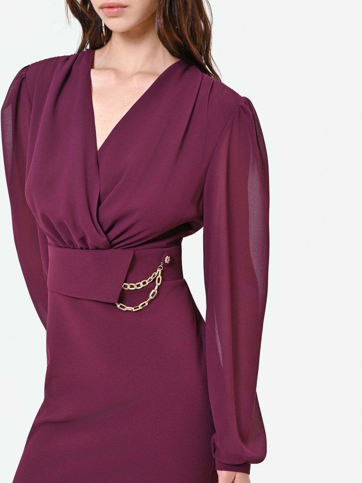Abito tubino bordeaux con maniche in georgette