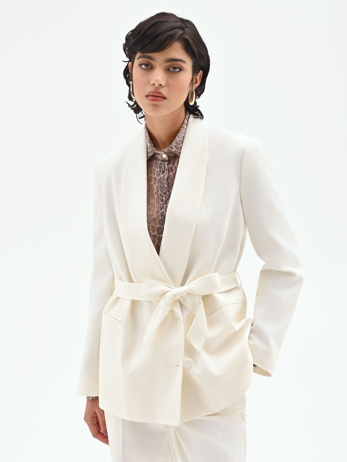 Giacca blazer doppiopetto in misto cotone lyocell bianco