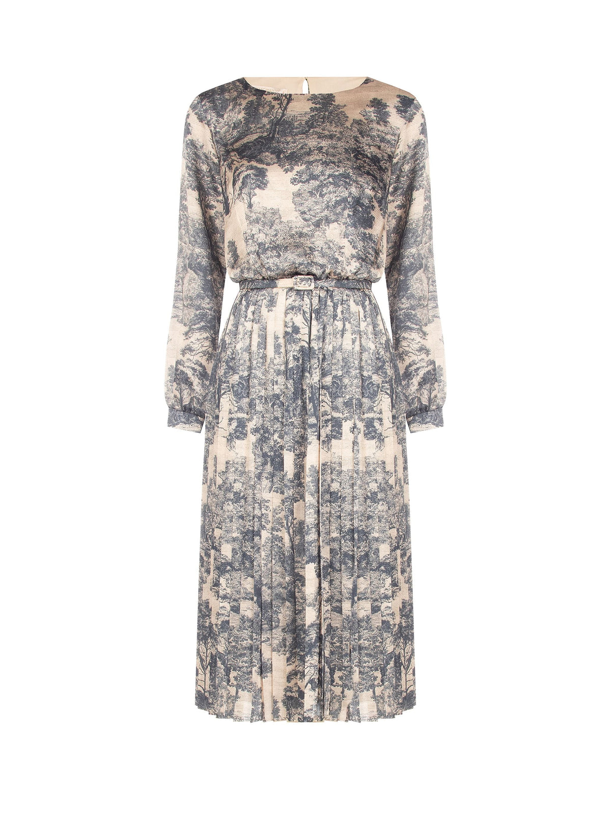 Abito midi grigio toile de jouy con gonna plissettata