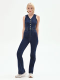 Tuta lunga in denim blu navy con bottoni a vista