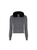 Cardigan in viscosa grigio scuro con collo effetto pelliccia