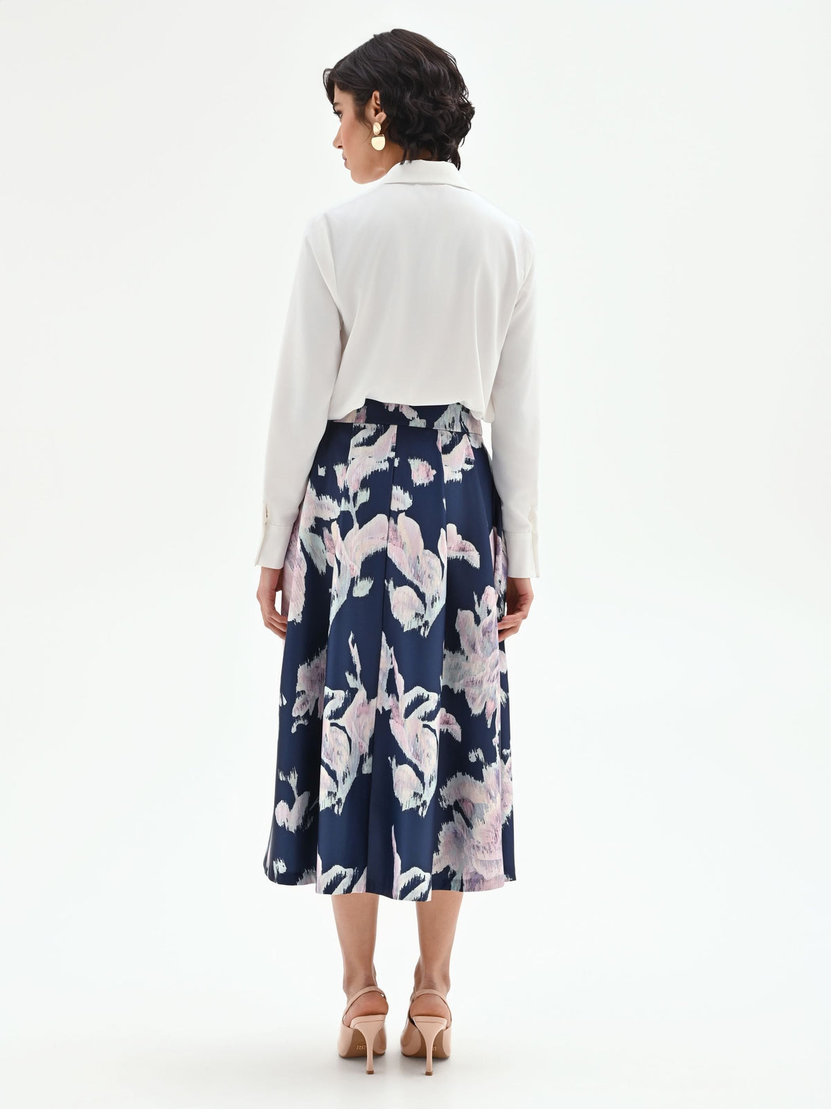 Gonna midi svasata in duchesse a fiori blu brillante