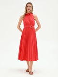 Abito chemisier rosso con gonna plissettata