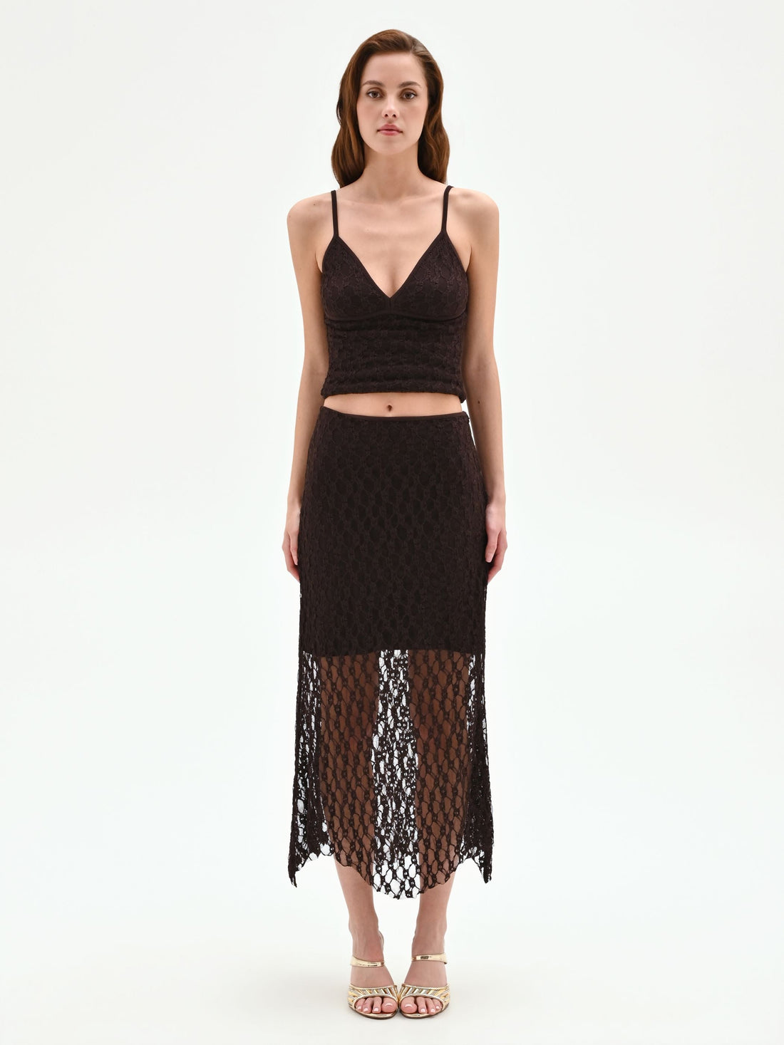 Gonna longuette in pizzo stretch cioccolato