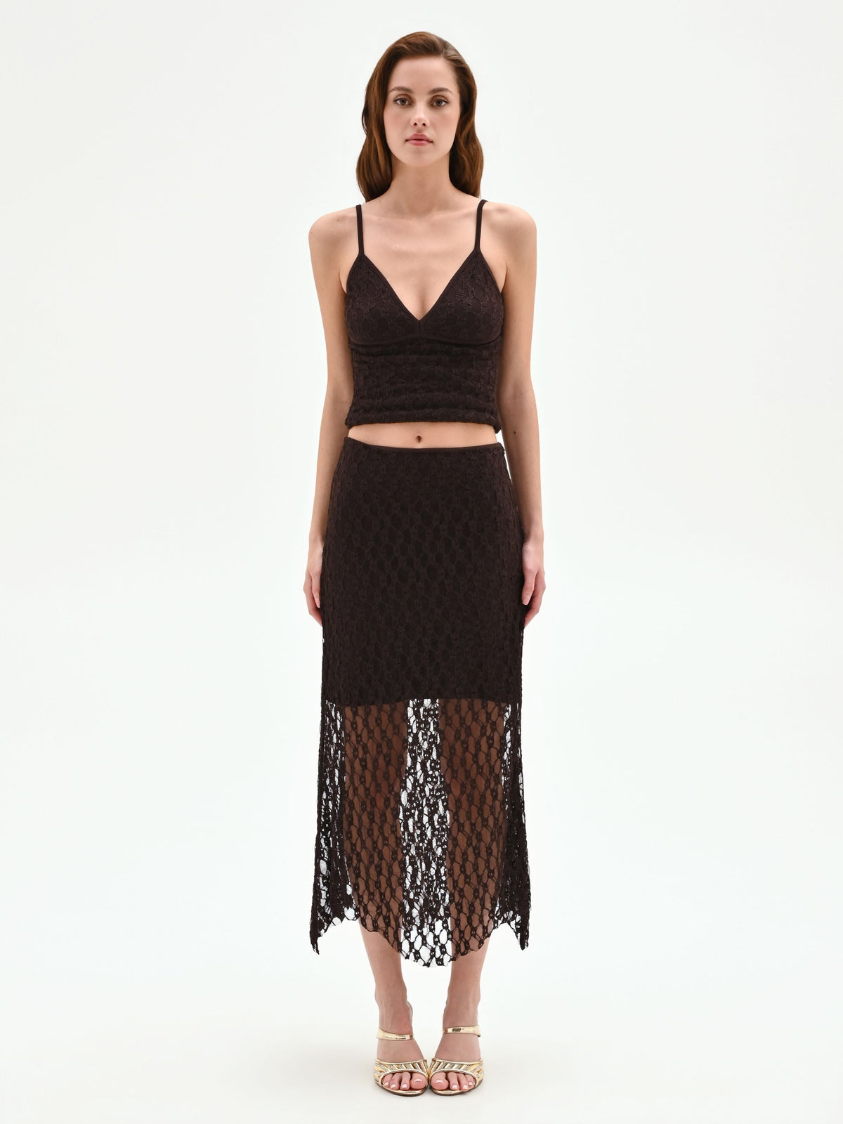 Gonna longuette in pizzo stretch cioccolato