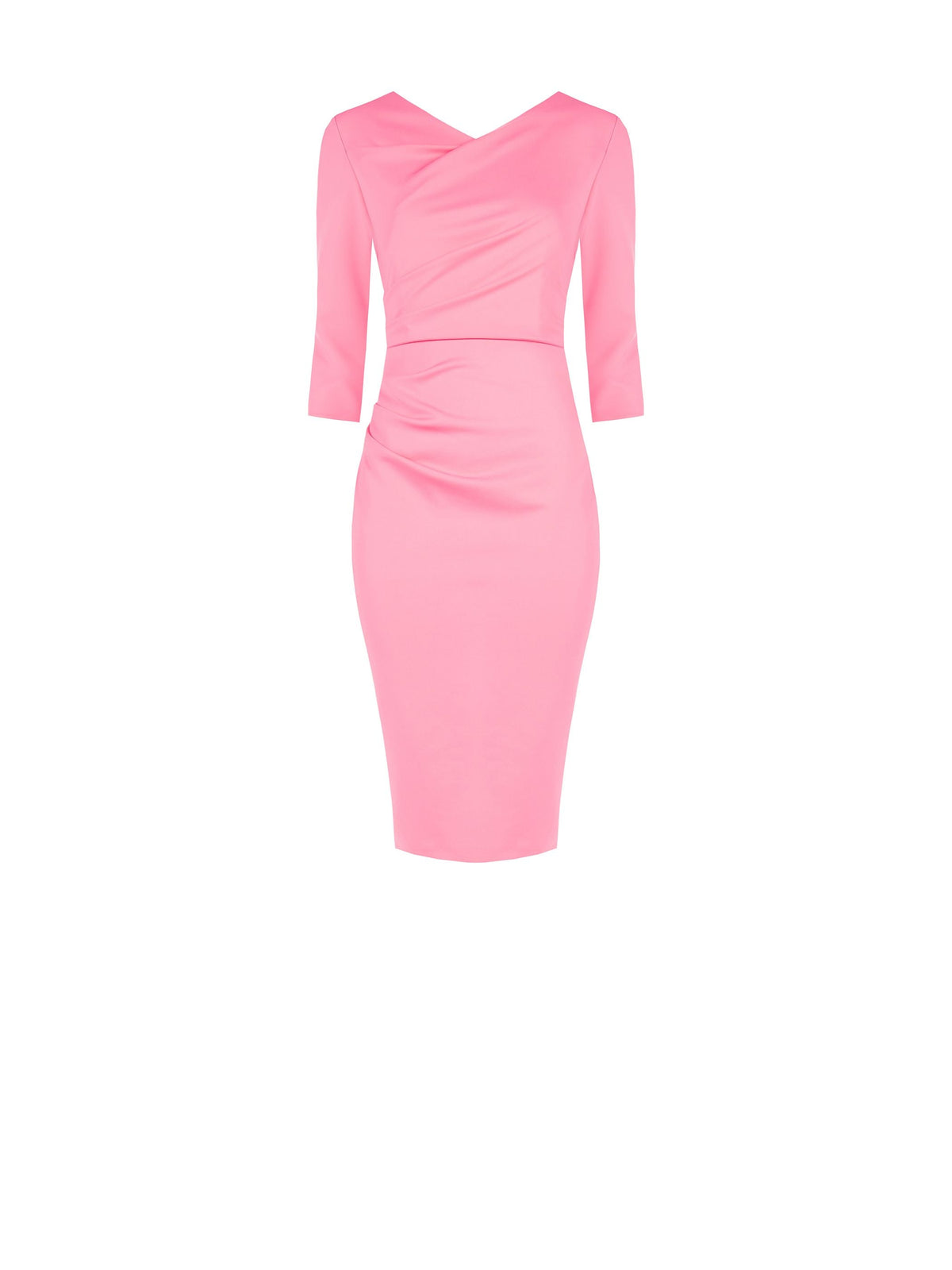 Abito tubino rosa con drappeggio asimmetrico