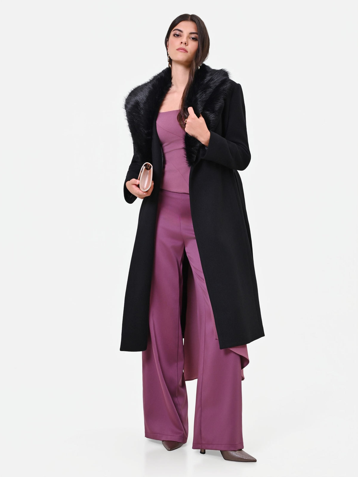 Cappotto midi nero con collo effetto pelliccia misto lana Giorgia Palmas X Rinascimento