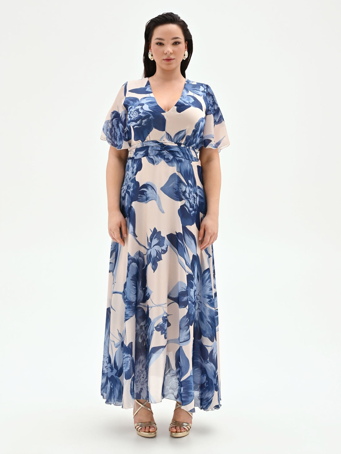 Abito lungo Curvy blu brillante con stampa floreale