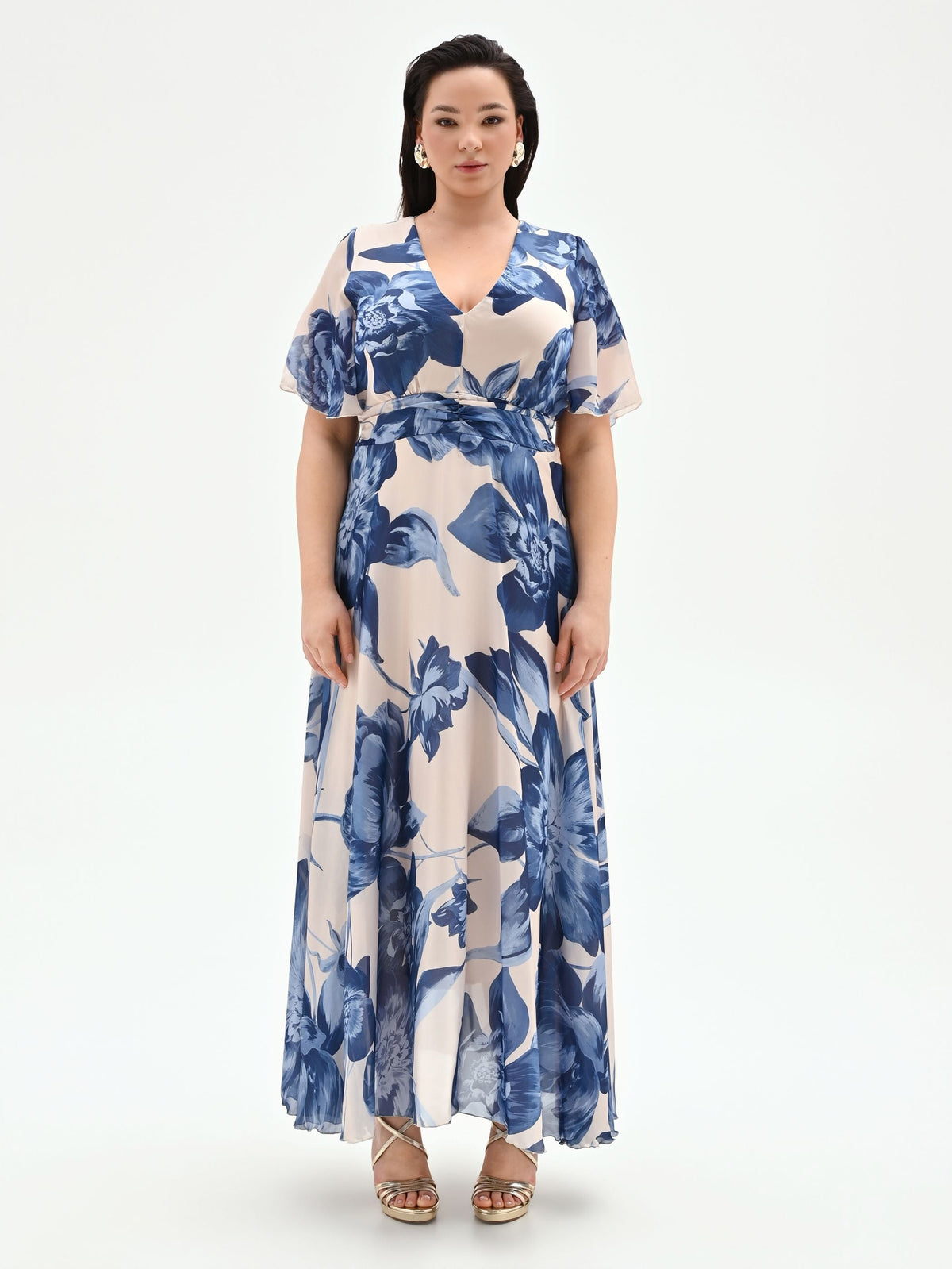 Abito lungo Curvy blu brillante con stampa floreale