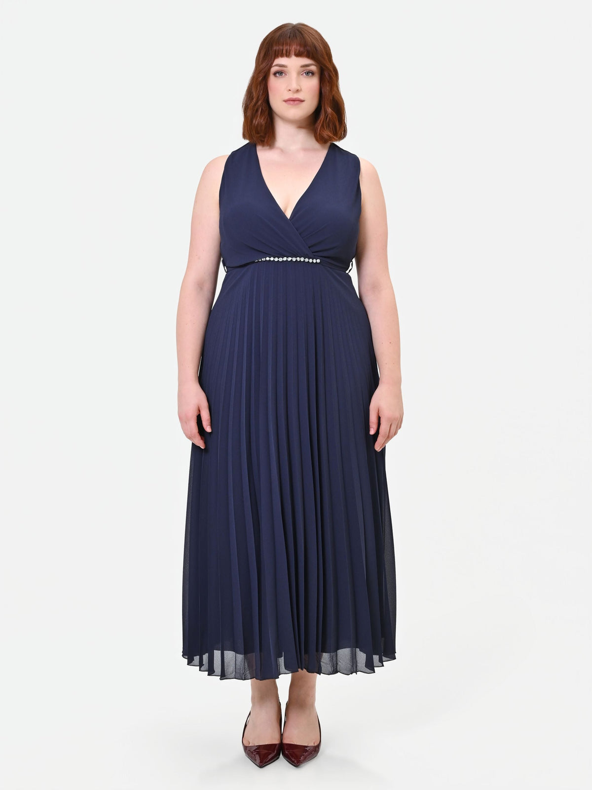 Abito Curvy plissé blu navy con scollo incrociato