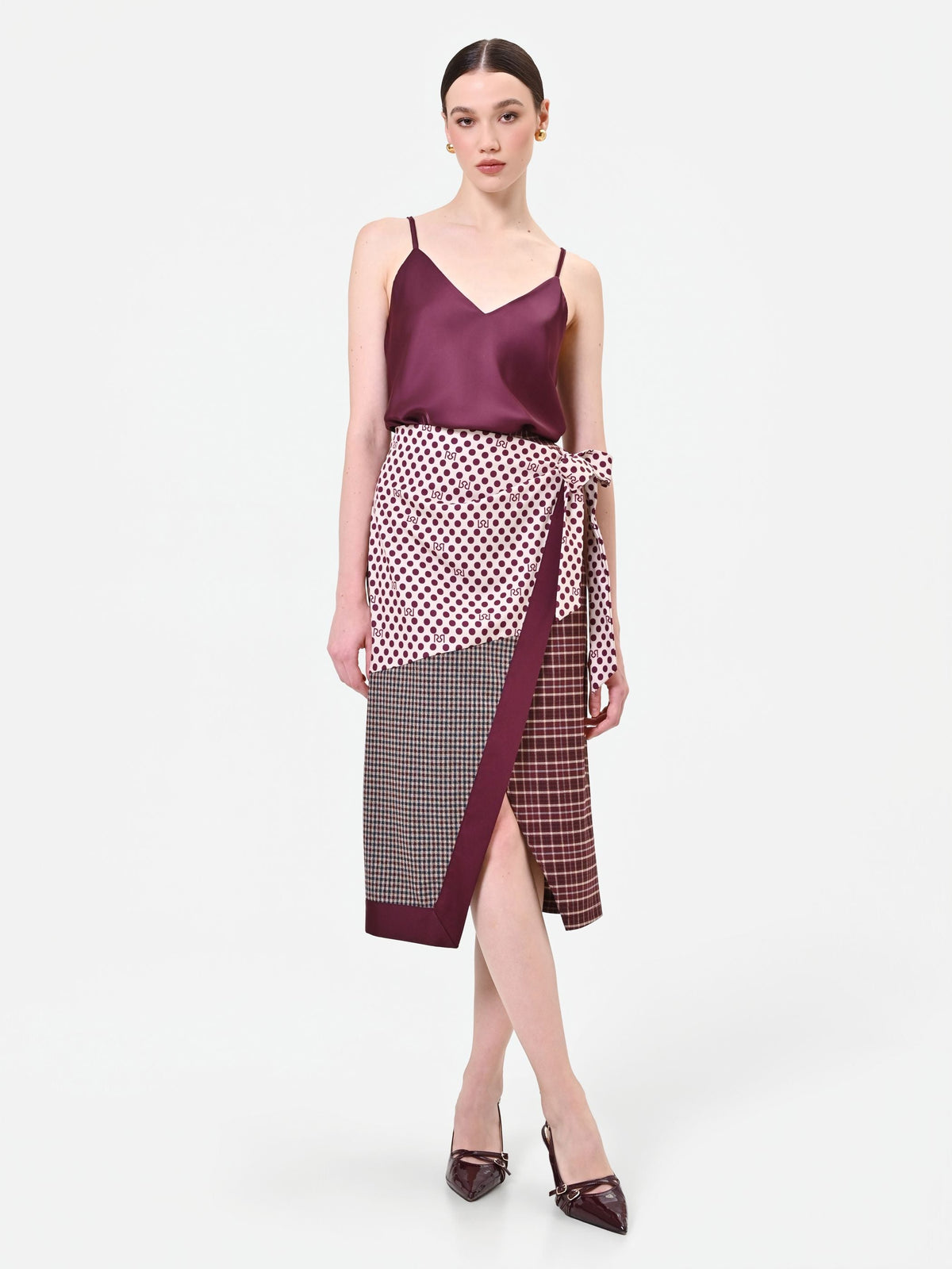 Gonna a portafoglio bordeaux con design patchwork