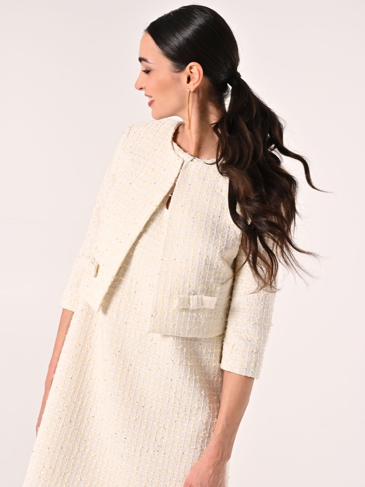 Giacca Beige Chiaro in Tweed con Micro Paillettes