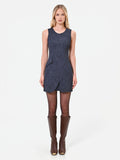 Abito smanicato blu navy con gonna a portafoglio