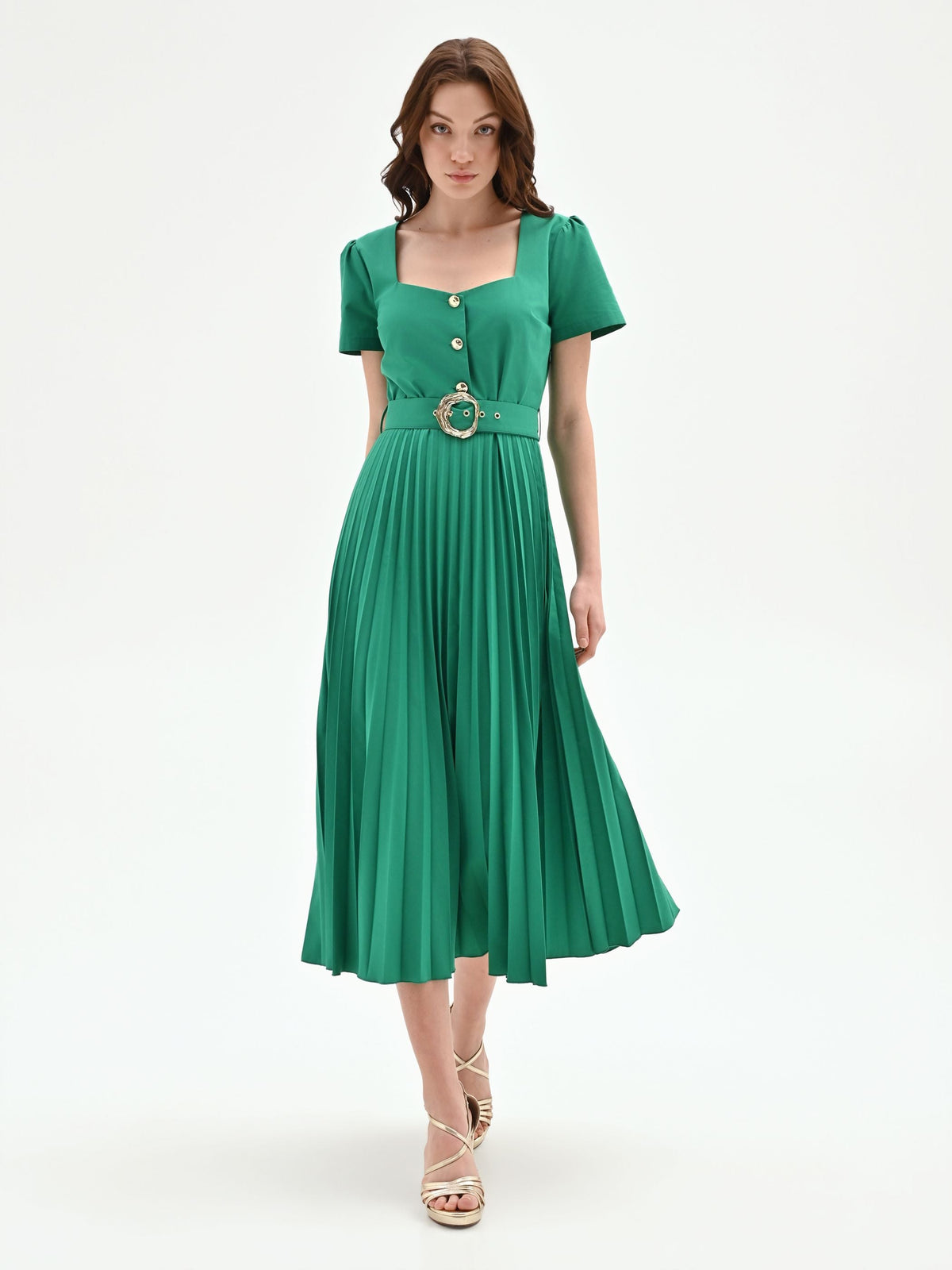 Abito midi verde con gonna plissé
