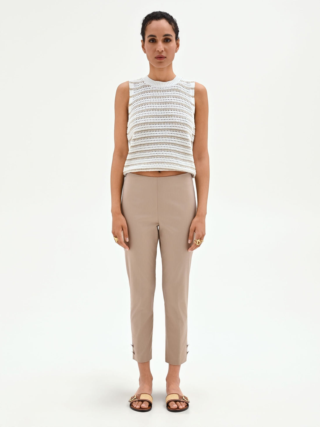 Pantalone cropped tortora beige con spacchi in raso di cotone