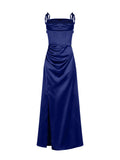 Abito atelier lungo blu indaco con corpetto drappeggiato