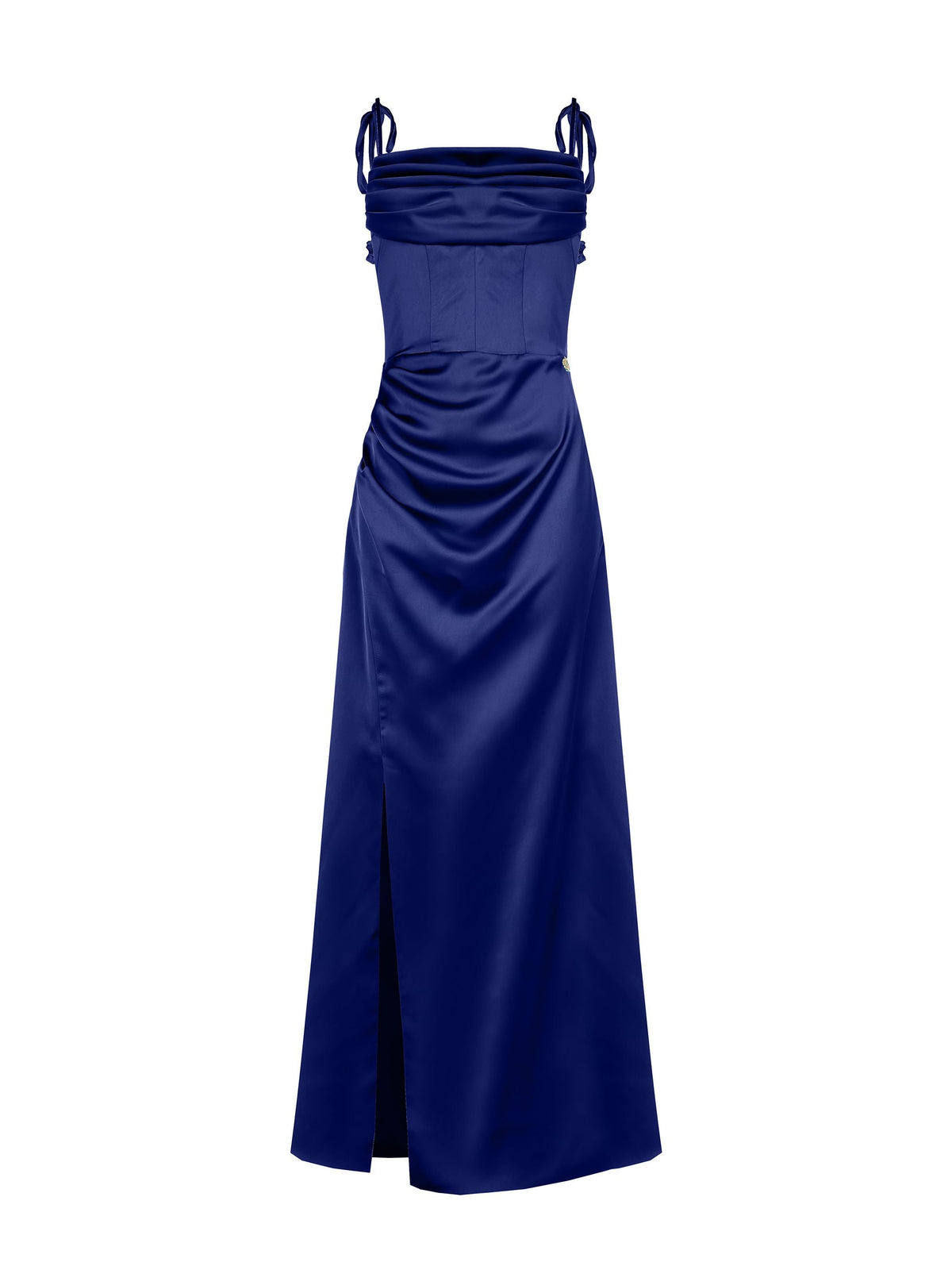 Abito atelier lungo blu indaco con corpetto drappeggiato
