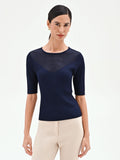 Maglia blu navy a costine con gioco di trasparenze